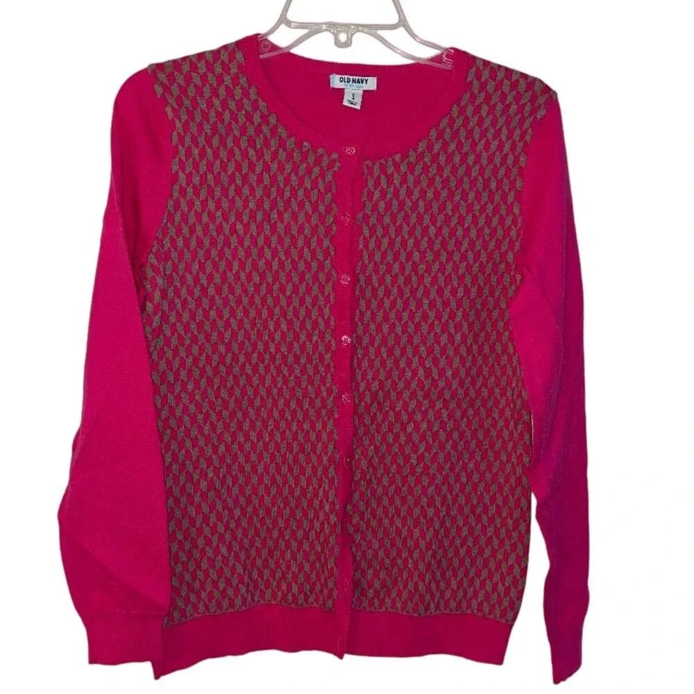 Old Navy Women's Fuschia Geometric Print Button Up Cardigan Sweater Size Medium‎
